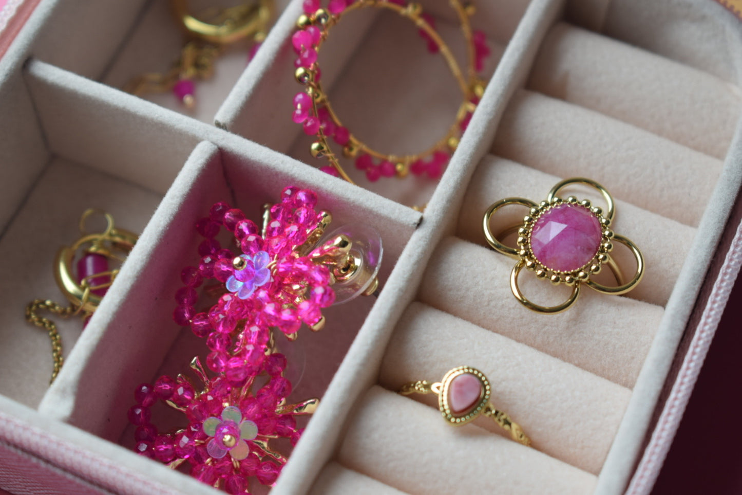 Fuchsia Pink Flower Ring Gold